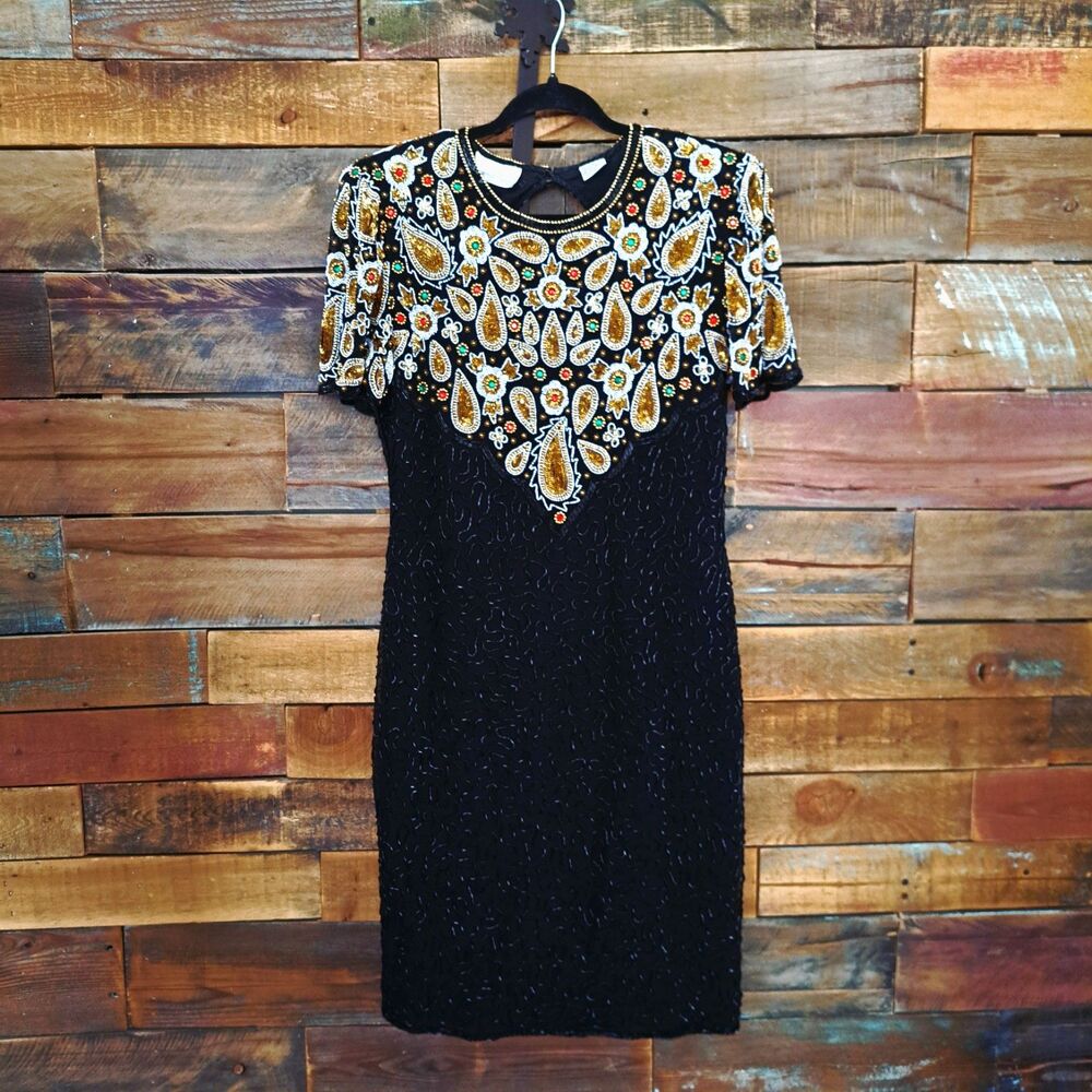 Vintage 80’s Laurence Kazar Beaded Sequin Silk Dress Size Med Evening Cocktail